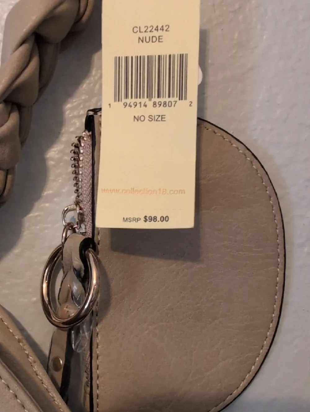 Taupe Braided-Handle Shoulder Hobo Bag with Coin Pouch